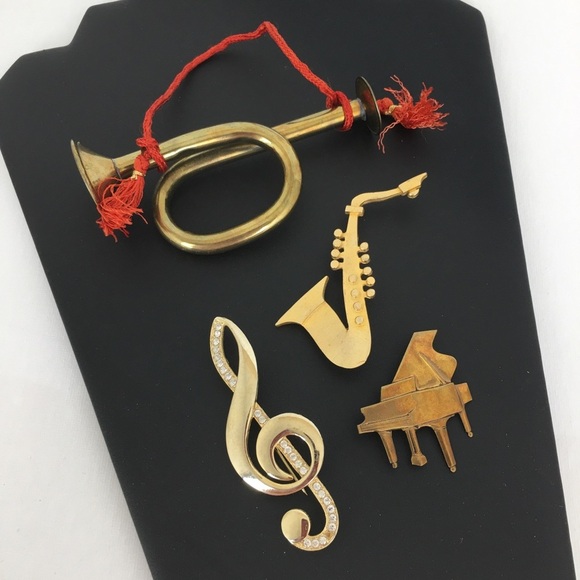 Vintage Music Brooch Pin Bundle Treble Clef Saxophone Piano And Horn Ornament - Picture 13 of 13